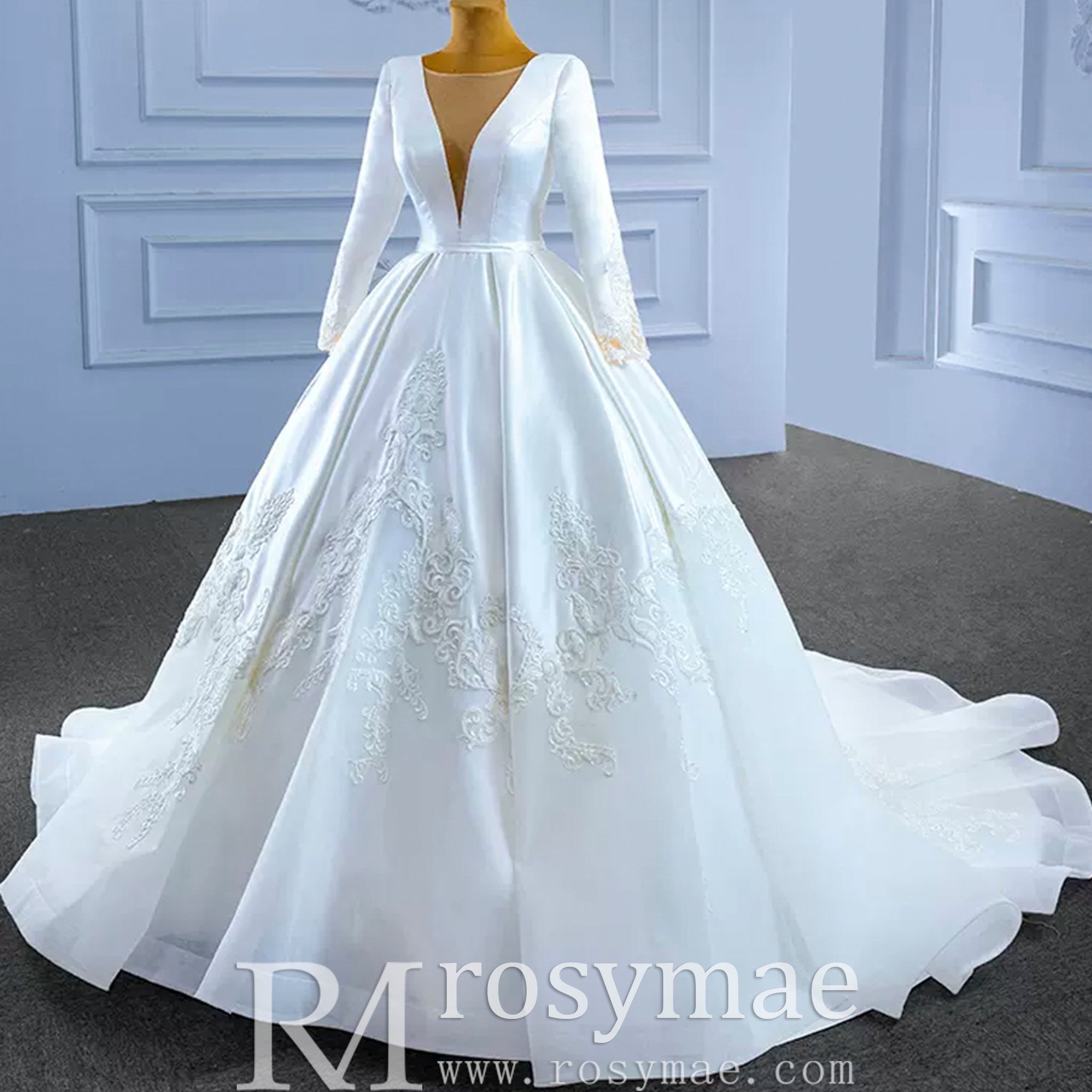 Modest Satin Wedding Dress Beaded Long Sleeve Ball Gown - Rosymae