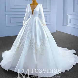 Modest Satin Wedding Dress Beaded Long Sleeve Ball Gown - Rosymae