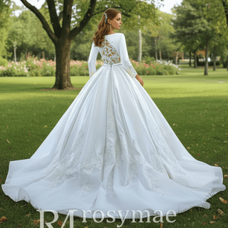 Modest Satin Wedding Dress Beaded Long Sleeve Ball Gown - Rosymae