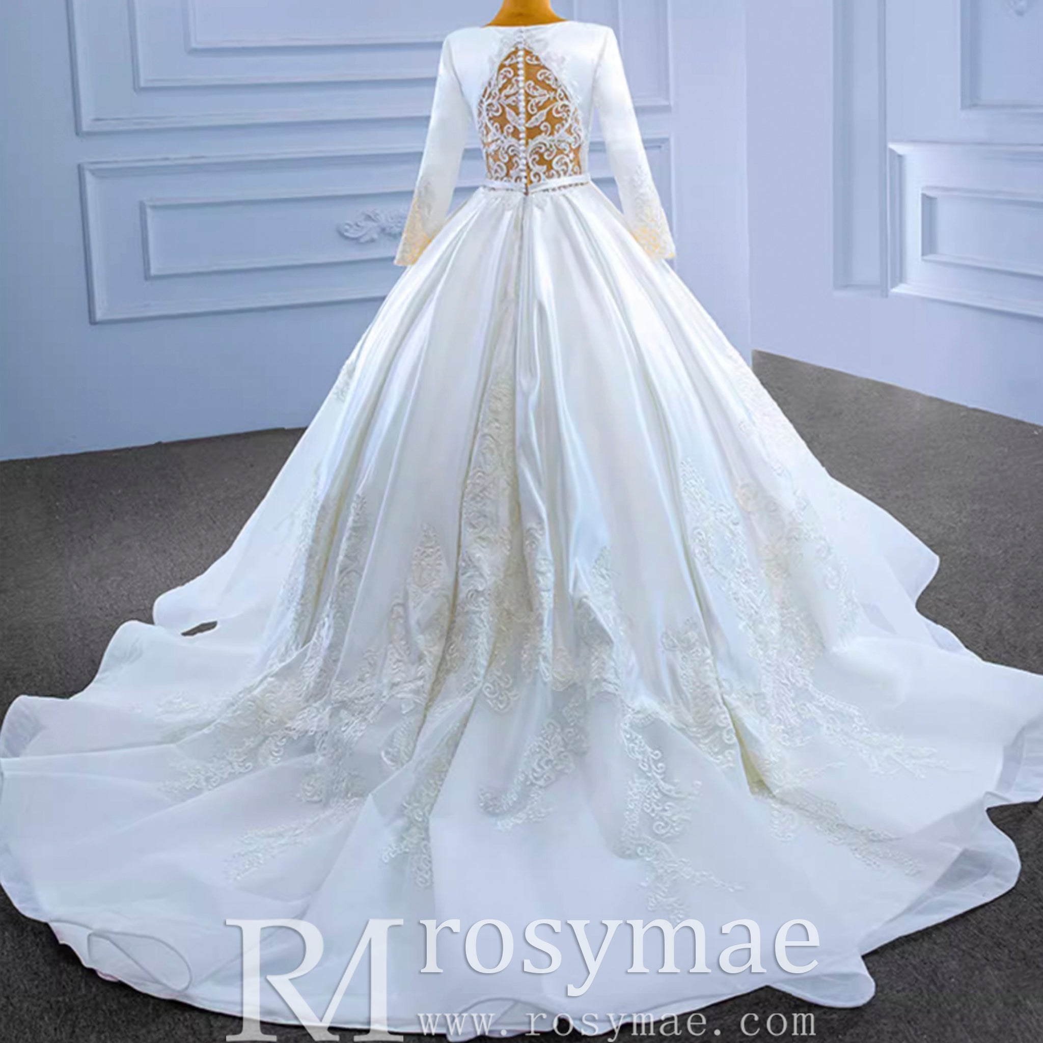 Modest Satin Wedding Dress Beaded Long Sleeve Ball Gown - Rosymae