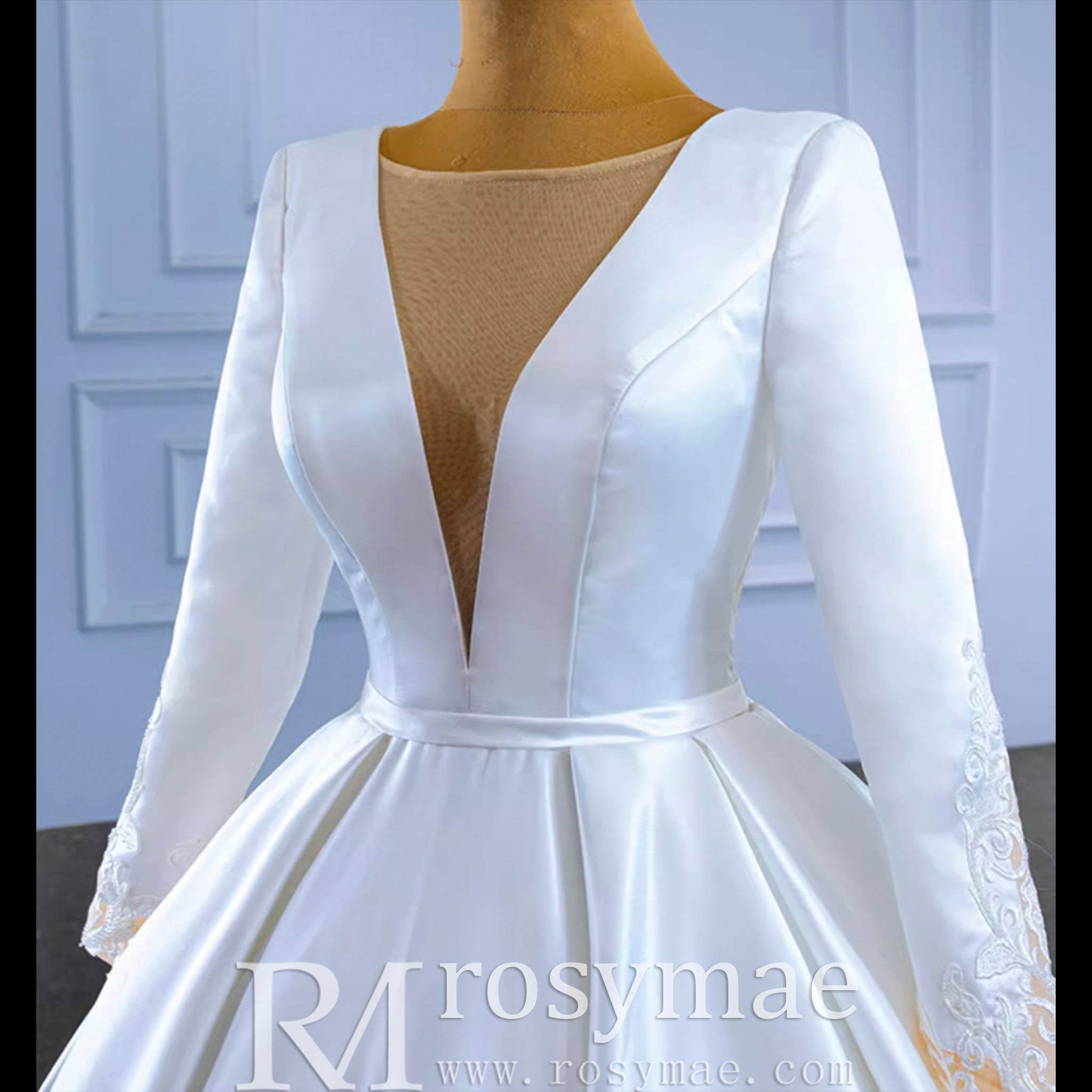 Modest Satin Wedding Dress Beaded Long Sleeve Ball Gown - Rosymae