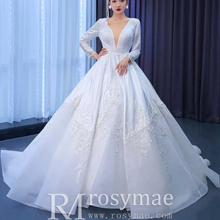 Modest Satin Wedding Dress Beaded Long Sleeve Ball Gown - Rosymae