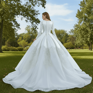 Modest Scoop Neck Satin Wedding Dress with Long Sleeve - Rosymae