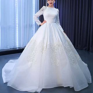Modest Scoop Neck Satin Wedding Dress with Long Sleeve - Rosymae