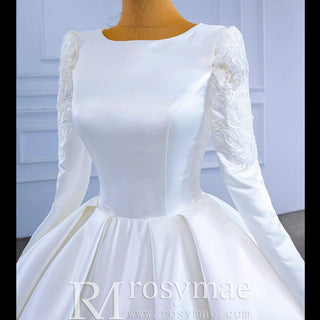Modest Scoop Neck Satin Wedding Dress with Long Sleeve - Rosymae