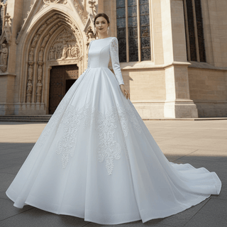 Modest Scoop Neck Satin Wedding Dress with Long Sleeve - Rosymae