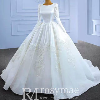Modest Scoop Neck Satin Wedding Dress with Long Sleeve - Rosymae