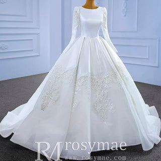 Modest Scoop Neck Satin Wedding Dress with Long Sleeve - Rosymae