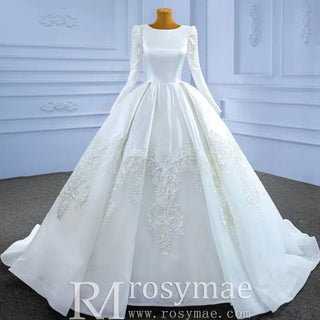 Modest Scoop Neck Satin Wedding Dress with Long Sleeve - Rosymae