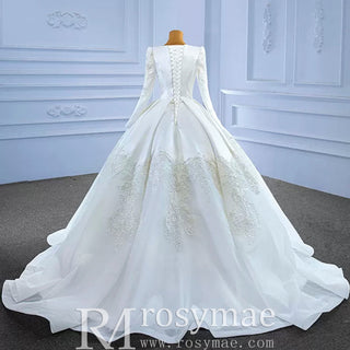 Modest Scoop Neck Satin Wedding Dress with Long Sleeve - Rosymae