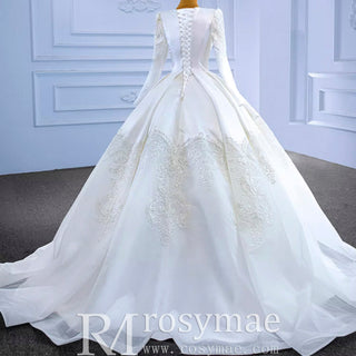 Modest Scoop Neck Satin Wedding Dress with Long Sleeve - Rosymae