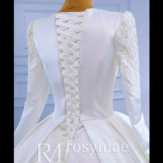 Modest Scoop Neck Satin Wedding Dress with Long Sleeve - Rosymae