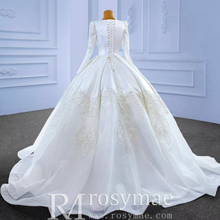 Modest Scoop Neck Satin Wedding Dress with Long Sleeve - Rosymae
