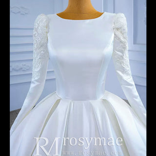 Modest Scoop Neck Satin Wedding Dress with Long Sleeve - Rosymae