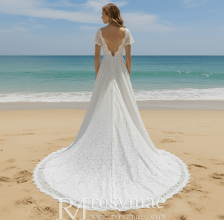 Modest Short Sleeves Sheer Neck full lace overlay Wedding Dress - Rosymae
