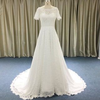 Modest Short Sleeves Sheer Neck full lace overlay Wedding Dress - Rosymae