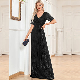 Modest Short Sleeves Women Formal Evening Gown Sequin Prom Dress Blue / 2
