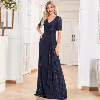 Modest Short Sleeves Women Formal Evening Gown Sequin Prom Dress - Rosymae