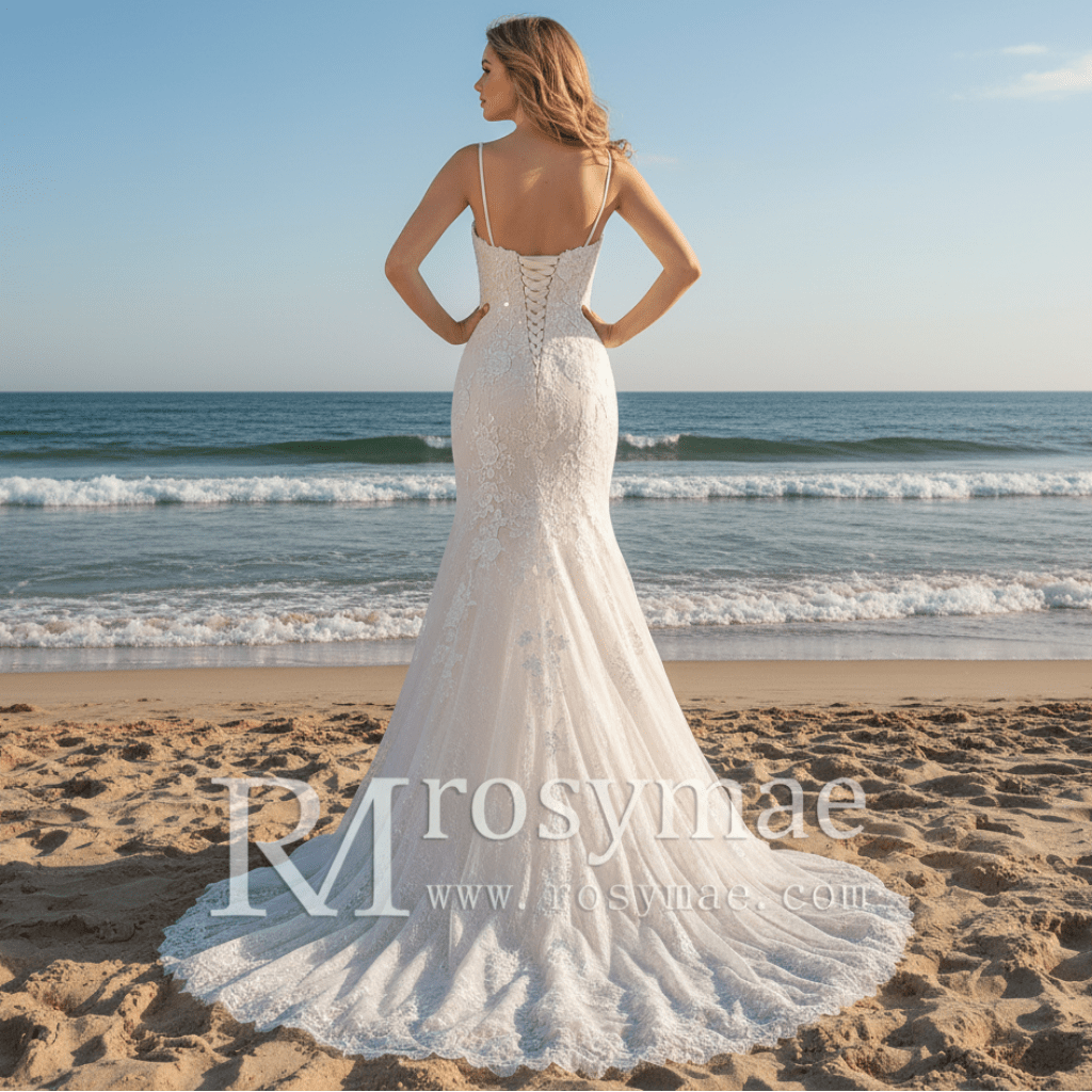 Modest Spaghetti Strap Mermaid Lace Bridal Wedding Dress - Rosymae