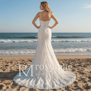 Modest Spaghetti Strap Mermaid Lace Bridal Wedding Dress - Rosymae