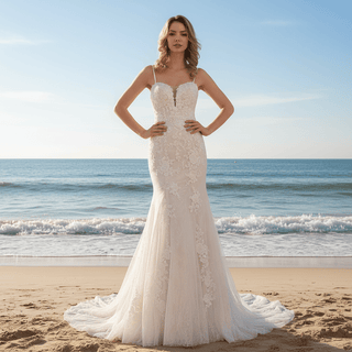 Modest Spaghetti Strap Mermaid Lace Bridal Wedding Dress - Rosymae
