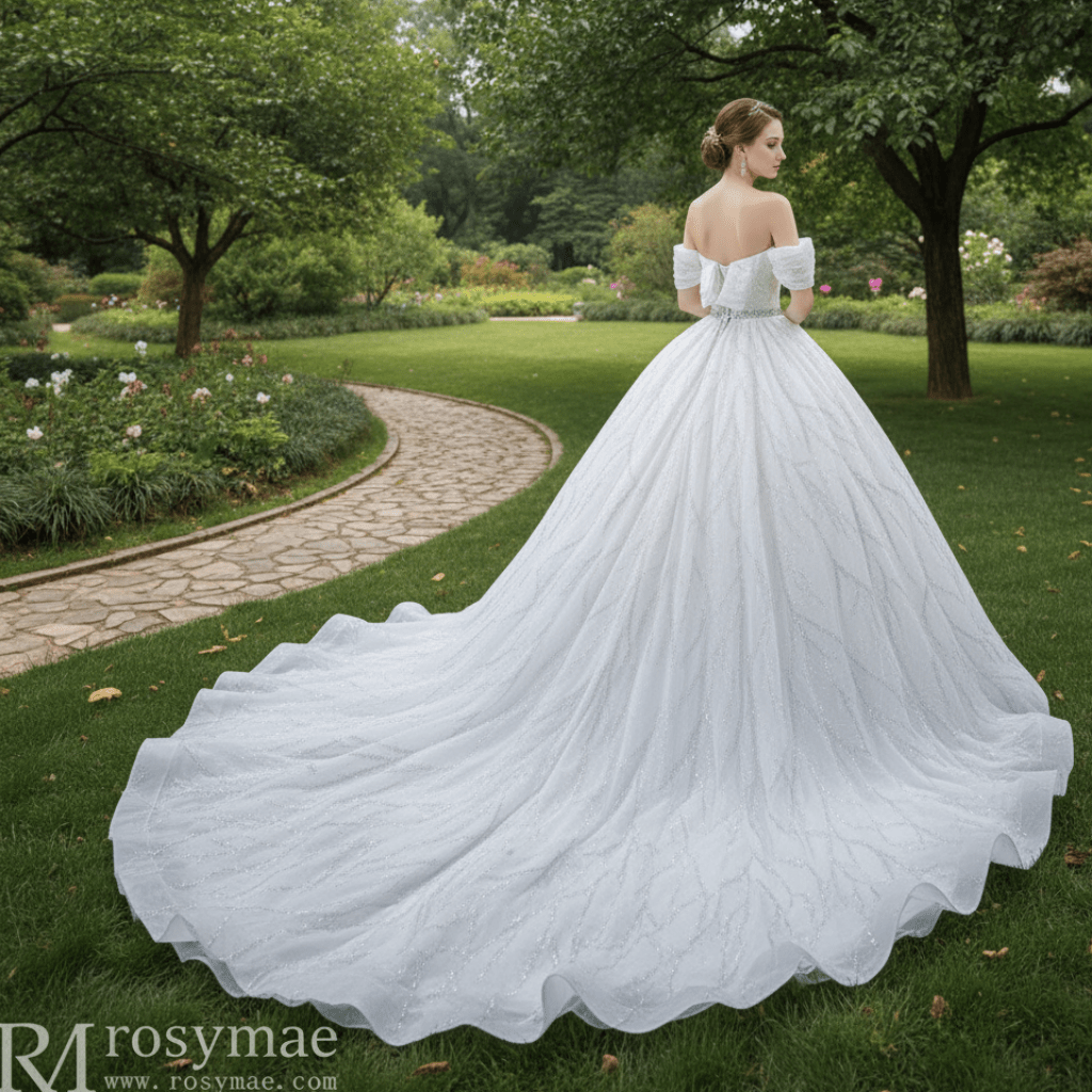 Modest Sparkly Puffy Skirt Ball Gown Wedding dress with Off the Shoulder - Rosymae
