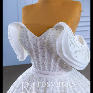 Modest Sparkly Puffy Skirt Ball Gown Wedding dress with Off the Shoulder - Rosymae
