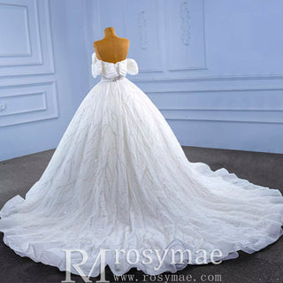 Modest Sparkly Puffy Skirt Ball Gown Wedding dress with Off the Shoulder - Rosymae