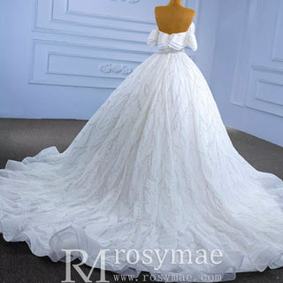 Modest Sparkly Puffy Skirt Ball Gown Wedding dress with Off the Shoulder - Rosymae