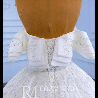 Modest Sparkly Puffy Skirt Ball Gown Wedding dress with Off the Shoulder - Rosymae
