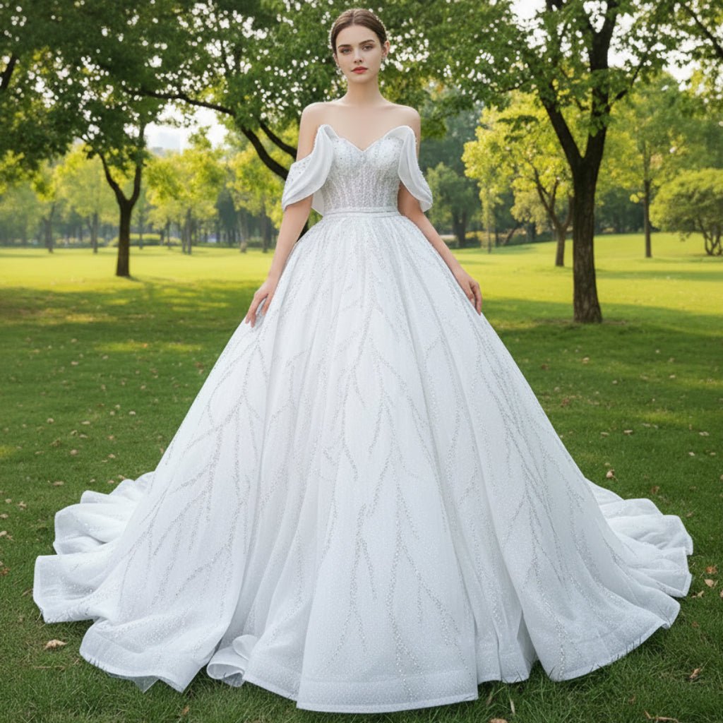 Modest Sparkly Puffy Skirt Ball Gown Wedding dress with Off the Shoulder - Rosymae