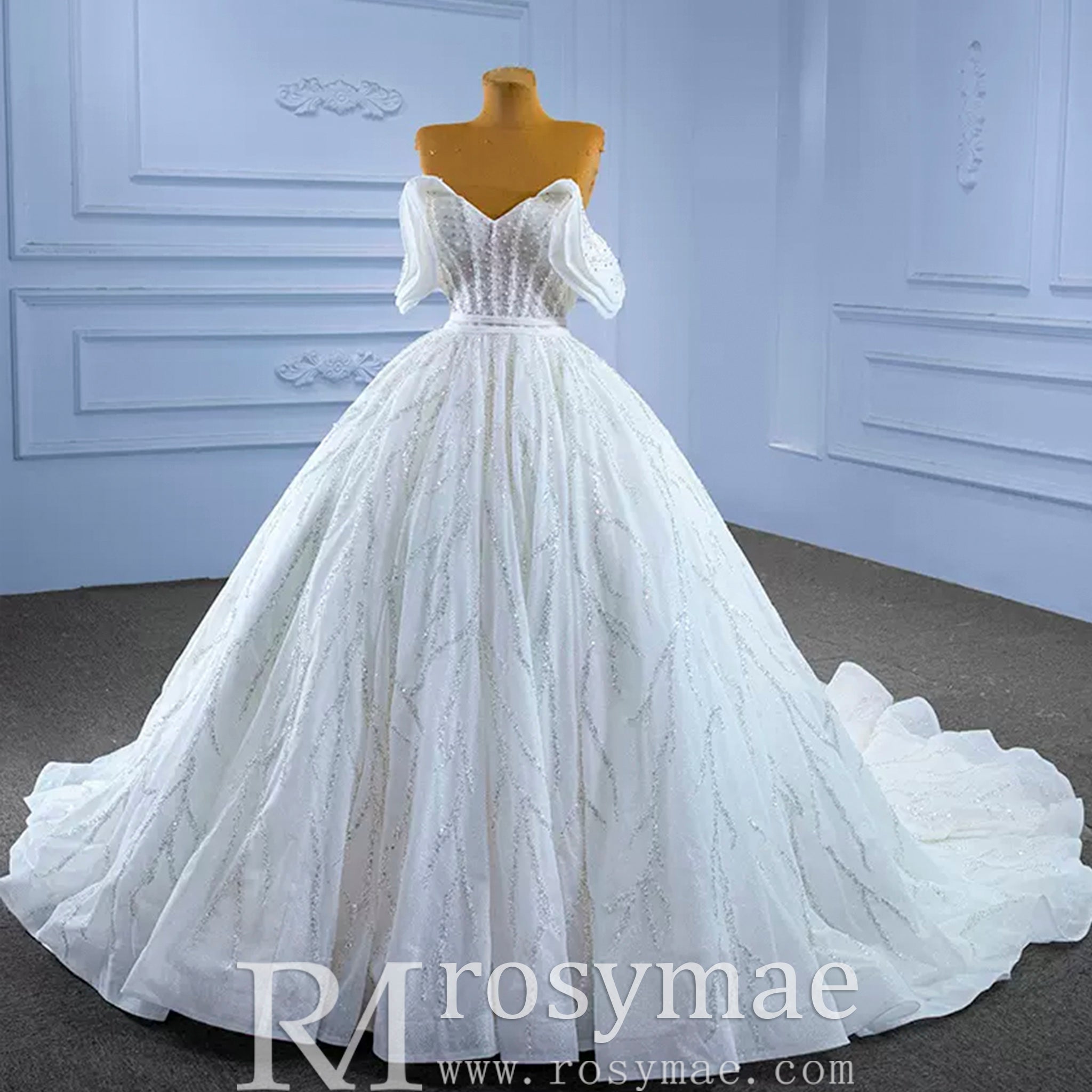 Modest Sparkly Puffy Skirt Ball Gown Wedding dress with Off the Shoulder - Rosymae