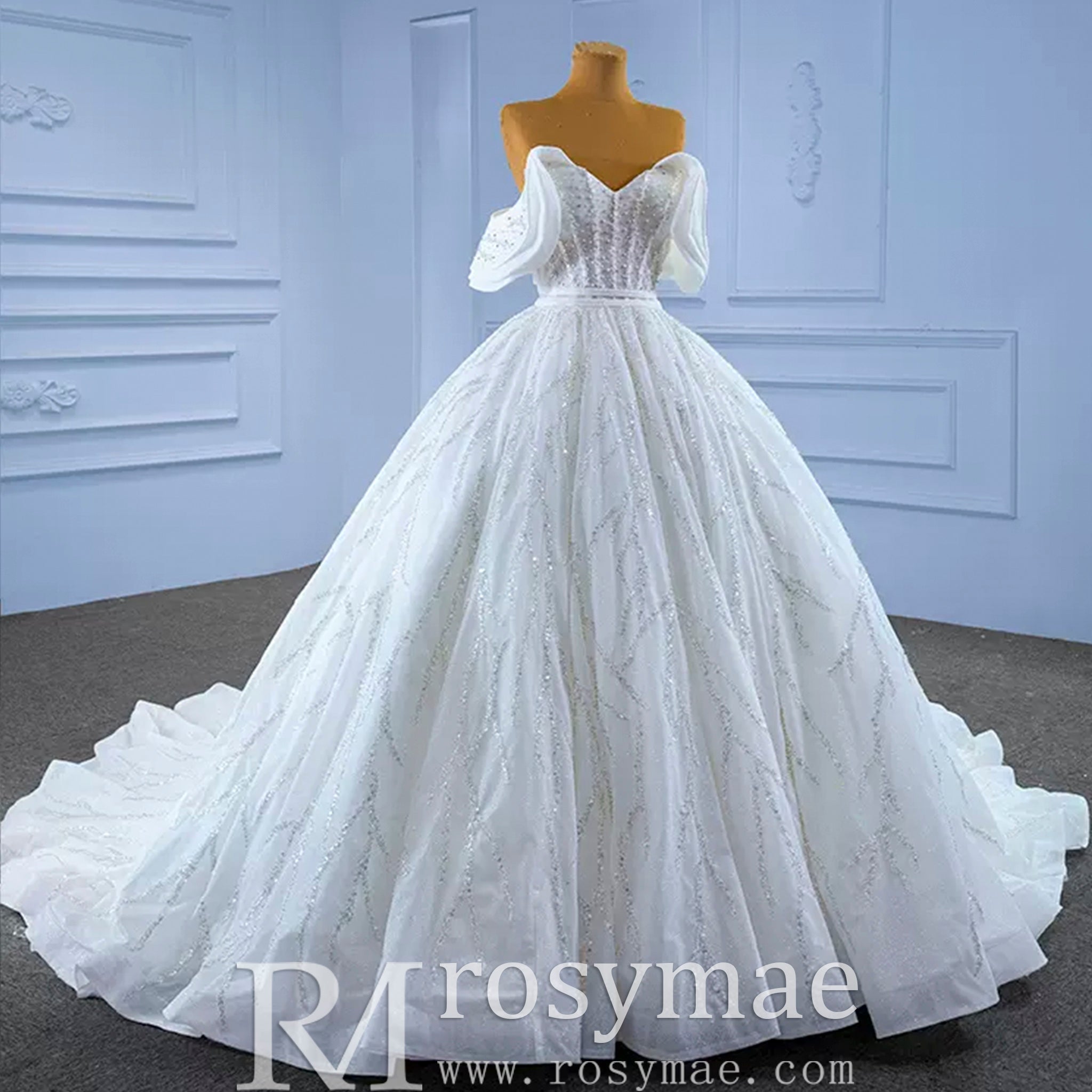Modest Sparkly Puffy Skirt Ball Gown Wedding dress with Off the Shoulder - Rosymae