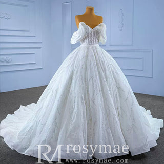 Modest Sparkly Puffy Skirt Ball Gown Wedding dress with Off the Shoulder - Rosymae