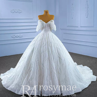 Modest Sparkly Puffy Skirt Ball Gown Wedding dress with Off the Shoulder - Rosymae