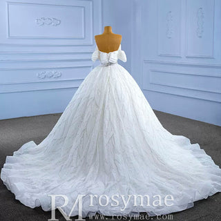 Modest Sparkly Puffy Skirt Ball Gown Wedding dress with Off the Shoulder - Rosymae