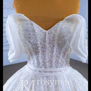 Modest Sparkly Puffy Skirt Ball Gown Wedding dress with Off the Shoulder - Rosymae