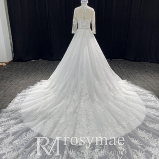 Modest Sweetheart Queen Anne Neckline Long Sleeve Wedding Dress - Rosymae