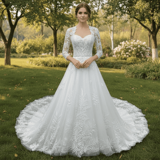 Modest Sweetheart Queen Anne Neckline Long Sleeve Wedding Dress - Rosymae