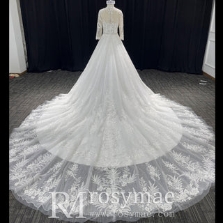 Modest Sweetheart Queen Anne Neckline Long Sleeve Wedding Dress - Rosymae