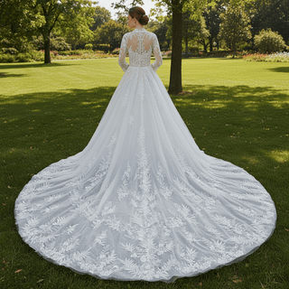 Modest Sweetheart Queen Anne Neckline Long Sleeve Wedding Dress - Rosymae