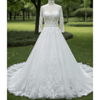 Modest Sweetheart Queen Anne Neckline Long Sleeve Wedding Dress - Rosymae
