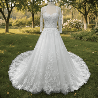 Modest Sweetheart Queen Anne Neckline Long Sleeve Wedding Dress - Rosymae