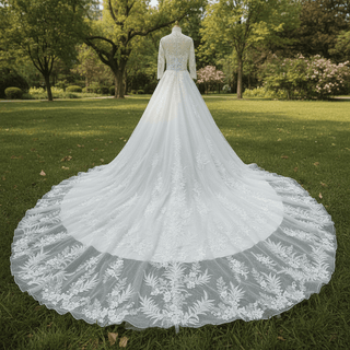 Modest Sweetheart Queen Anne Neckline Long Sleeve Wedding Dress - Rosymae