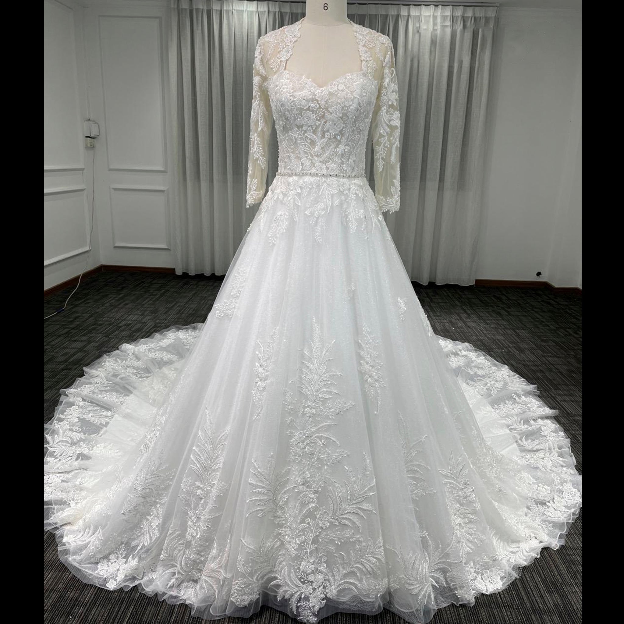 Modest Sweetheart Queen Anne Neckline Long Sleeve Wedding Dress - Rosymae