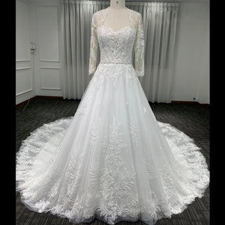 Modest Sweetheart Queen Anne Neckline Long Sleeve Wedding Dress - Rosymae