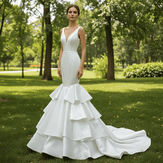 Modest V-neck Mermaid Country Satin Wedding Dress with Ruffle - Rosymae