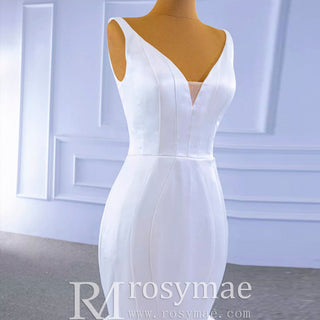 Modest V-neck Mermaid Country Satin Wedding Dress with Ruffle - Rosymae