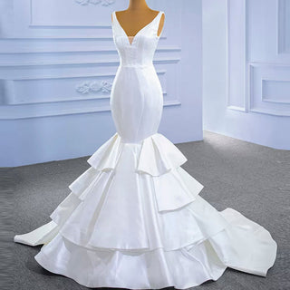 Modest V-neck Mermaid Country Satin Wedding Dress with Ruffle - Rosymae