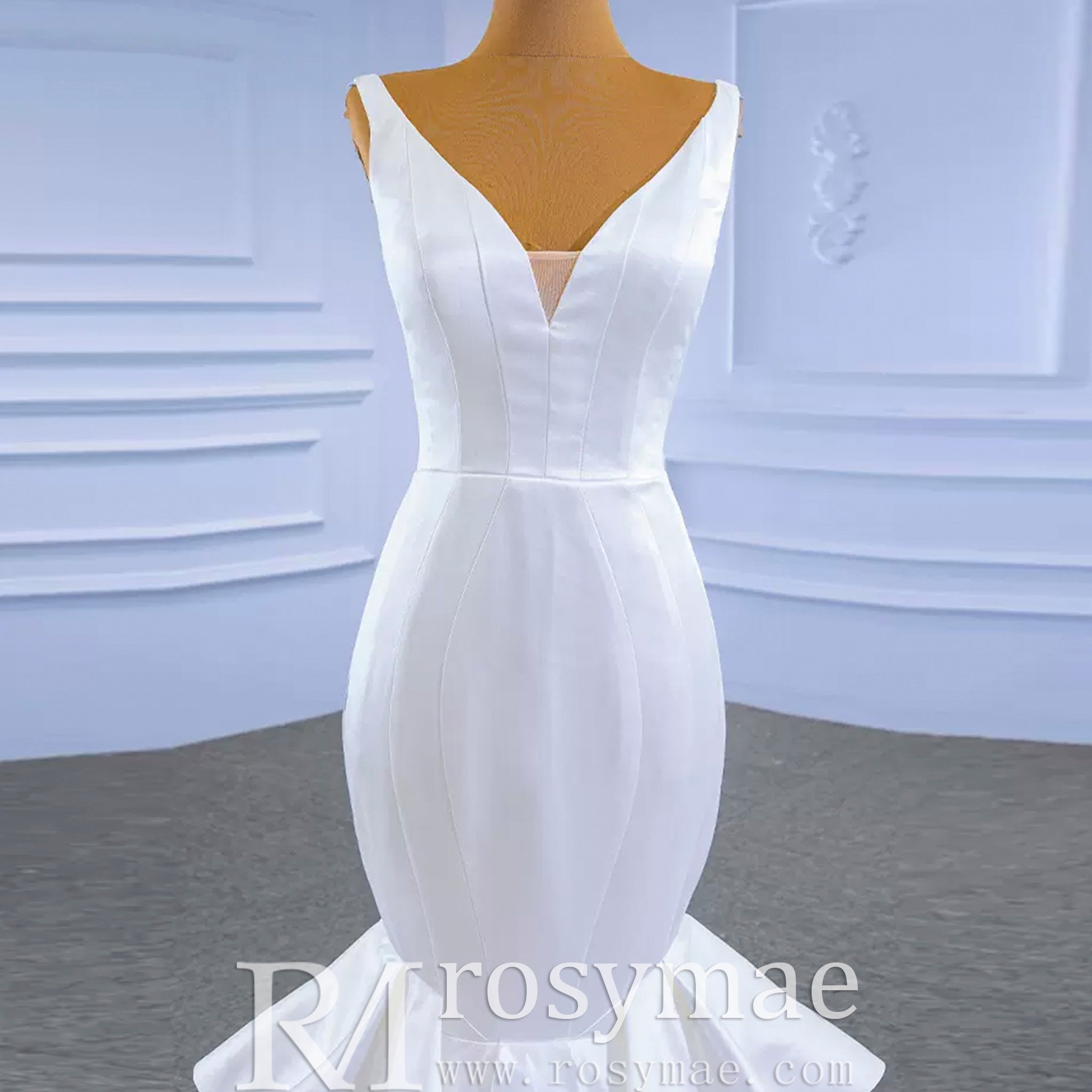 Modest V-neck Mermaid Country Satin Wedding Dress with Ruffle - Rosymae